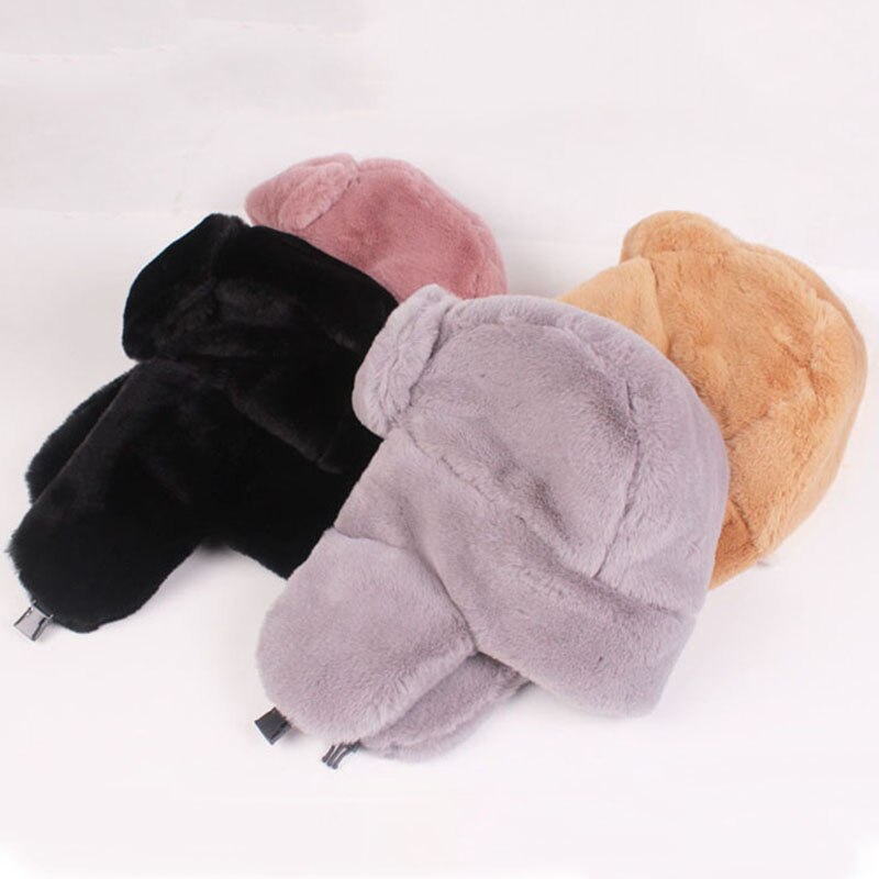 Vinter bomber hattar kvinnor ushanka keps med öronlaff tjockt varmt ryskt vindtätt sammet hatt öronskydd vuxen solid 58 cm