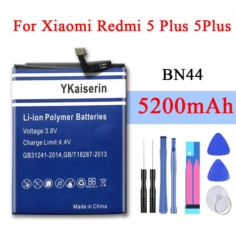 Bn44 bateria do telefone móvel para xiaomi redmi 5 plus 5200 mah polímero substituição forte resistência bateria batteria bn 44 + faixa não: For Redmi 5Plus