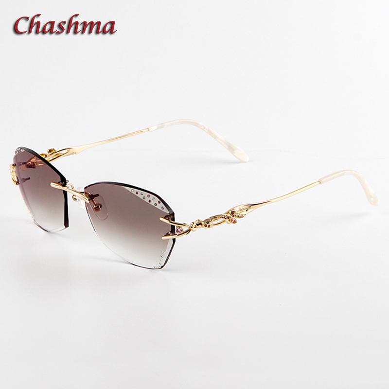 Glasses Women Eyeglasses Frames Rimless Titanium Tint Sunglasses Prescription Glass Diamonds Anti Blue Ray Anti Resistance Lens: Gold Brown Gray