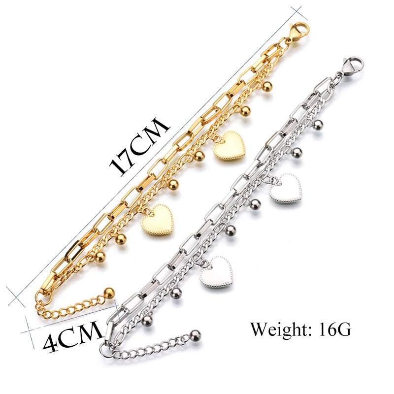 Multi-layer Stainless Steel Heart Round Beads Ladies Bracelet Love Ornaments Gold Silver Color Sweet Student Bracelet