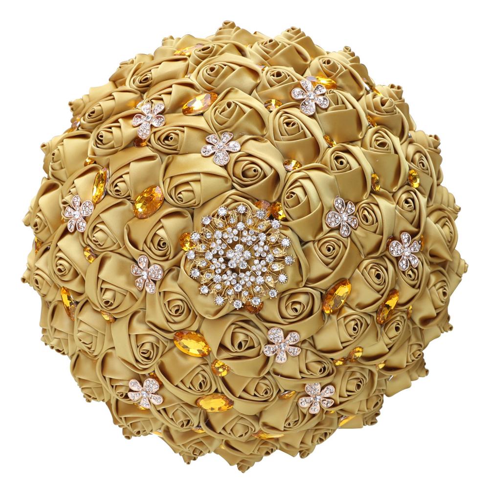 JaneVini – Bouquet de mariage de grande taille, 30CM, pour la mariée, en or, luxueux, diamant, cristal, perles, strass, fleurs à main en Satin: Gold 30cm