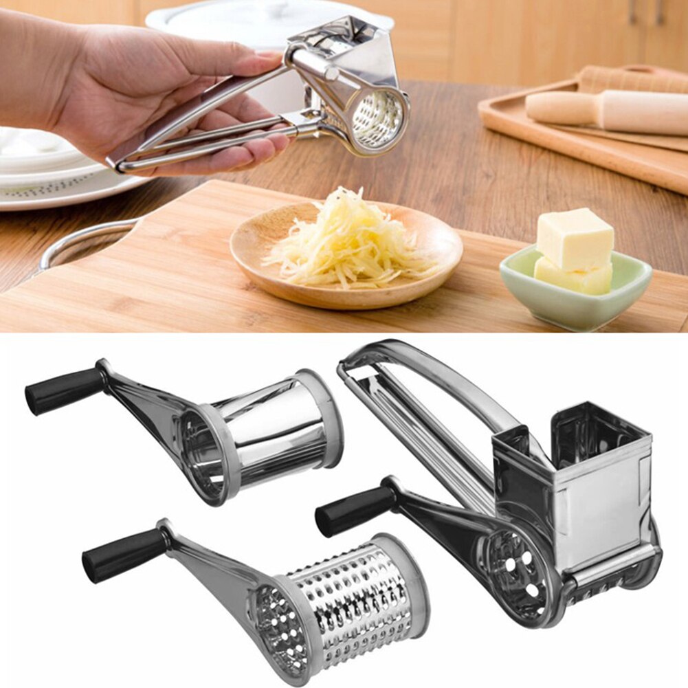 Stainless Steel Rotary Cheese Chocolate Grater 3 Drums Slice Shred Kitchen Tool