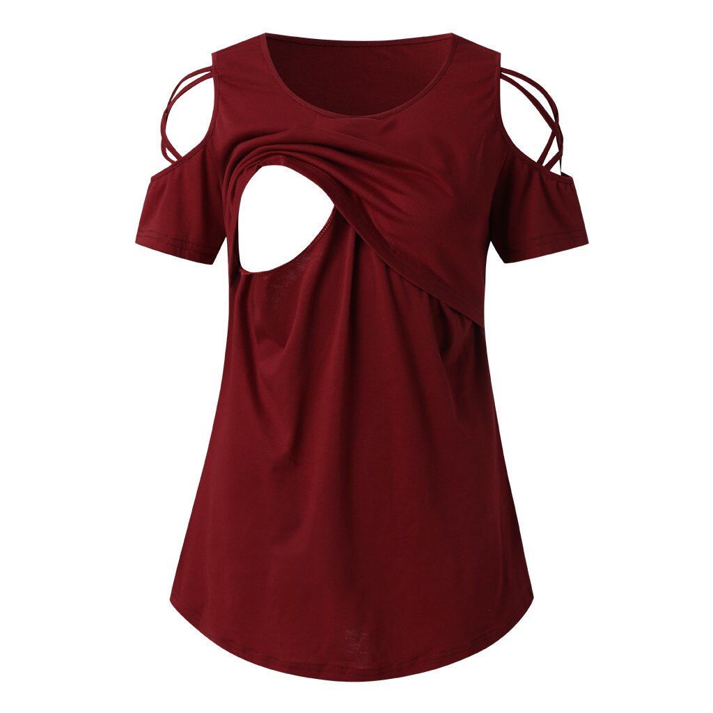 Vrouwen Casual Korte Mouwen Gladiatorschoen Koude Schouder T-shirts Verpleging Top Borstvoeding Kleding Zwangerschap T-shirt Ropa Embarazada: Wine  / XL