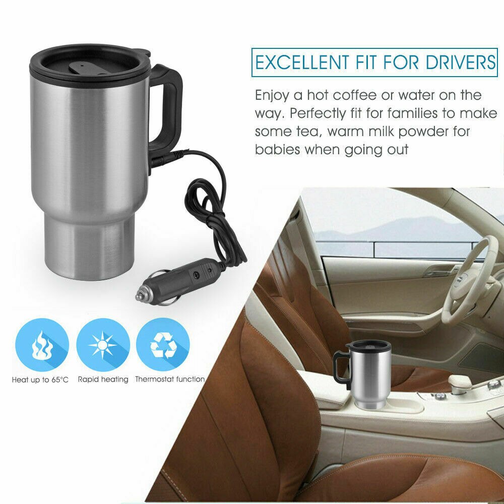 Taza calefactora para coche, termo eléctrico de acero inoxidable, accesorios para coche, 12V, 450ml