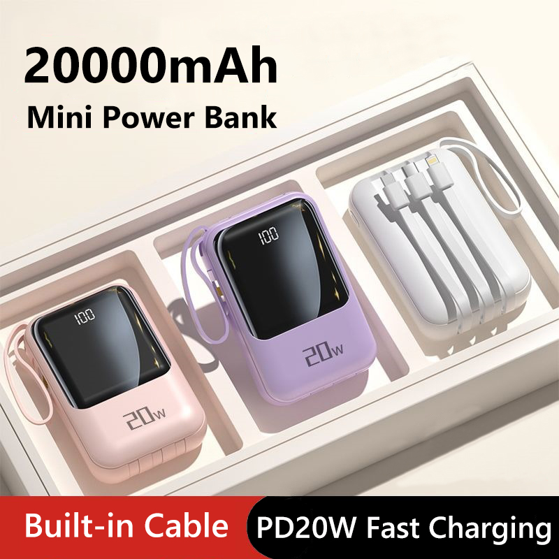 Banco de energía de 20000mAh, batería portátil adecuada para IPhone, Huawei, Xiaomi, carga rápida integrada con pantalla Digital externa de 4 cables
