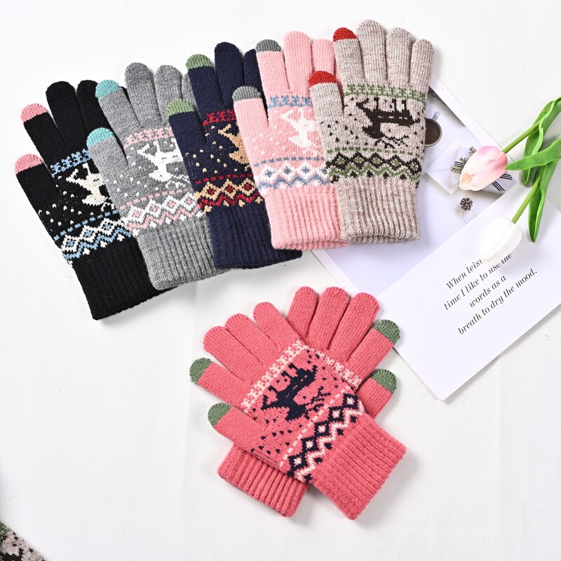2022 Mens Winter Gloves Thicken Warm Knitted Gloves Unisex Touchscreen Elk Pattern Plus Velvet Outdoor Cycling Cold Gloves