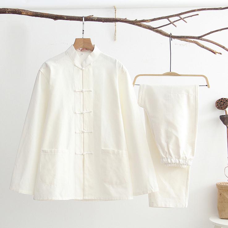 Mannen Effen Kung Fu Pak Chinese Traditionele Mannelijke 100% Katoen Losse Tai Chi Sets Jas + Lange Broek 2pc: WHITE