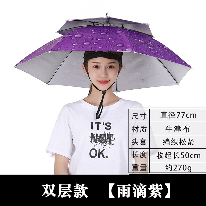 Hands-free Folding Cap Umbrella 77cm Double-layer Windproof Head-worn Umbrella Outdoor Sun Protection UV Protection Umbrella: Raindrops Purple