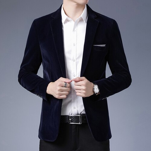 Men's Wool Suit Coat Wool Blends Casual Blazers Men Suit Top Male Solid Business Casual Mens Coats and Jackets: Navy blue / XL for 65 to 70 kg