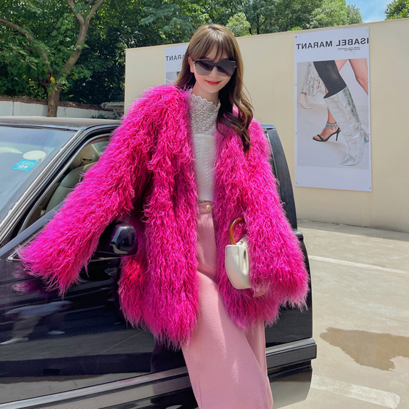 Casaco de pele do falso estilo coreano sólido mid-length rosa mongólia casacos de pele de ovelha para as mulheres inverno do vintage quente casaco de pele artificial