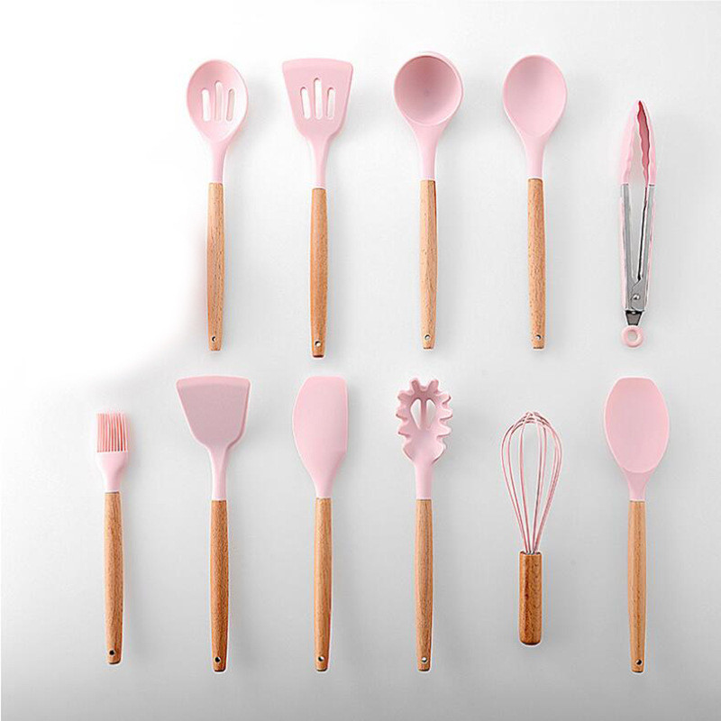 Ensemble d'ustensiles de cuisine en Silicone, antiadhésif, spatule avec manche en bois, avec boîte de rangement, 9/11 pièces: Pink-11pcs