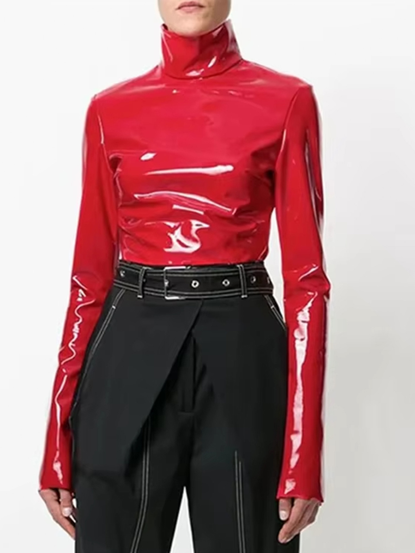 Kvinder vintage latex læder toppe med høj hals sort highstreet turtleneck varm pullover langærmet rød pu lynlås t-shirt brugerdefineret
