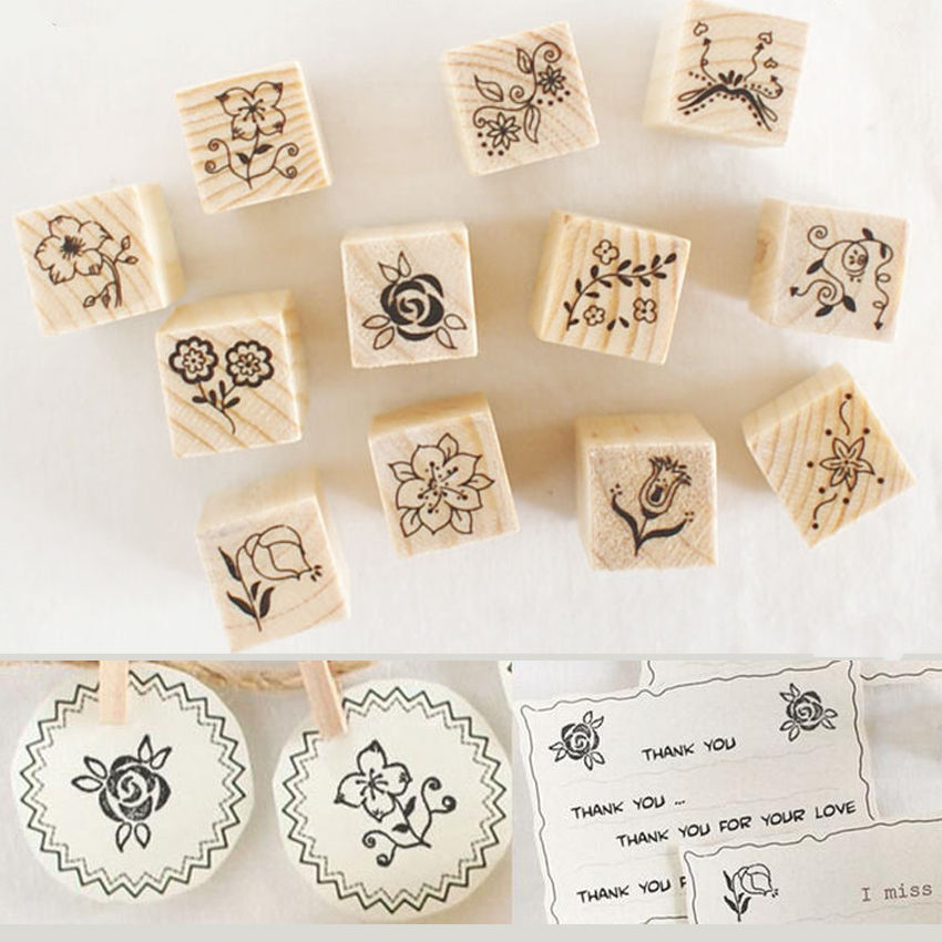 12Pcs Flowers Floral Wood Stamps for Scrapbooking DIY Wooden Rubber Stamp Rose Flower Letters Diary Craft Card Stamps Set