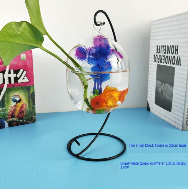 Desktop Hanging Glass Fish Tank Mini Aquatic Plants Vase Fish Tank Transparent Goldfish Tank Iron Support Aquarium: B2