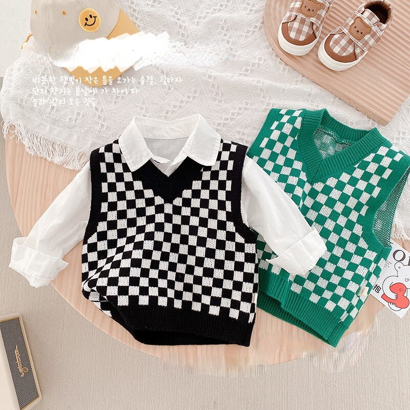 Ropa para niños 1160B, chaleco de punto a cuadros con cuello en V, suéter informal bonito para niño, Tops a cuadros para niña 2022
