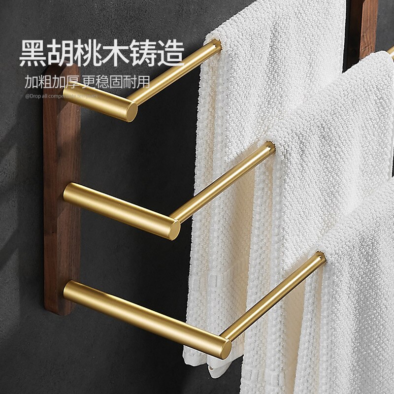 Nordic Walnut Bathroom Towel Rack Solid Wood Shower Shelf Brushed Gold Towel Bar 38/48/58cm Bathroom Triple Towel Holder