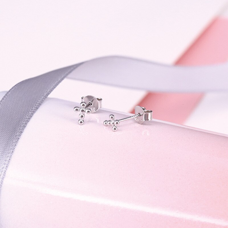 ying Vahine 100% 925 Sterling Silver Small Round Beads Cross Stud Earrings for Women