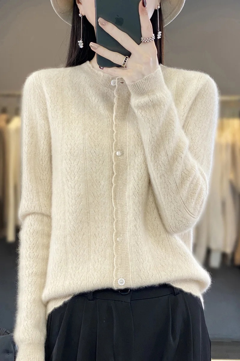 100% cárdigan abierto suelto de lana pura para mujer Otoño Invierno estilo ropa externa Top perezoso cuello redondo suéter de punto de manga larga
