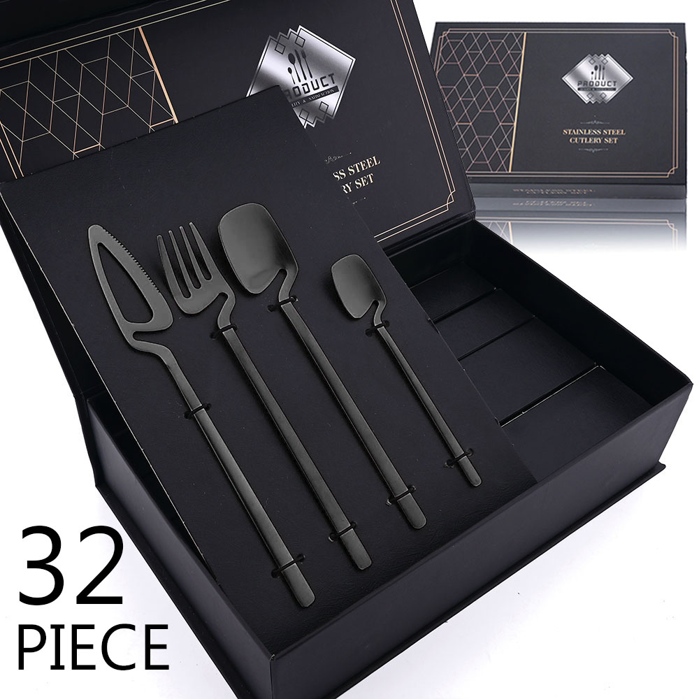 32 deler svart matt bestikksett 304 stk. rustfritt stål servisesett kniv gaffel skje middagssett bar fest kjøkken servise