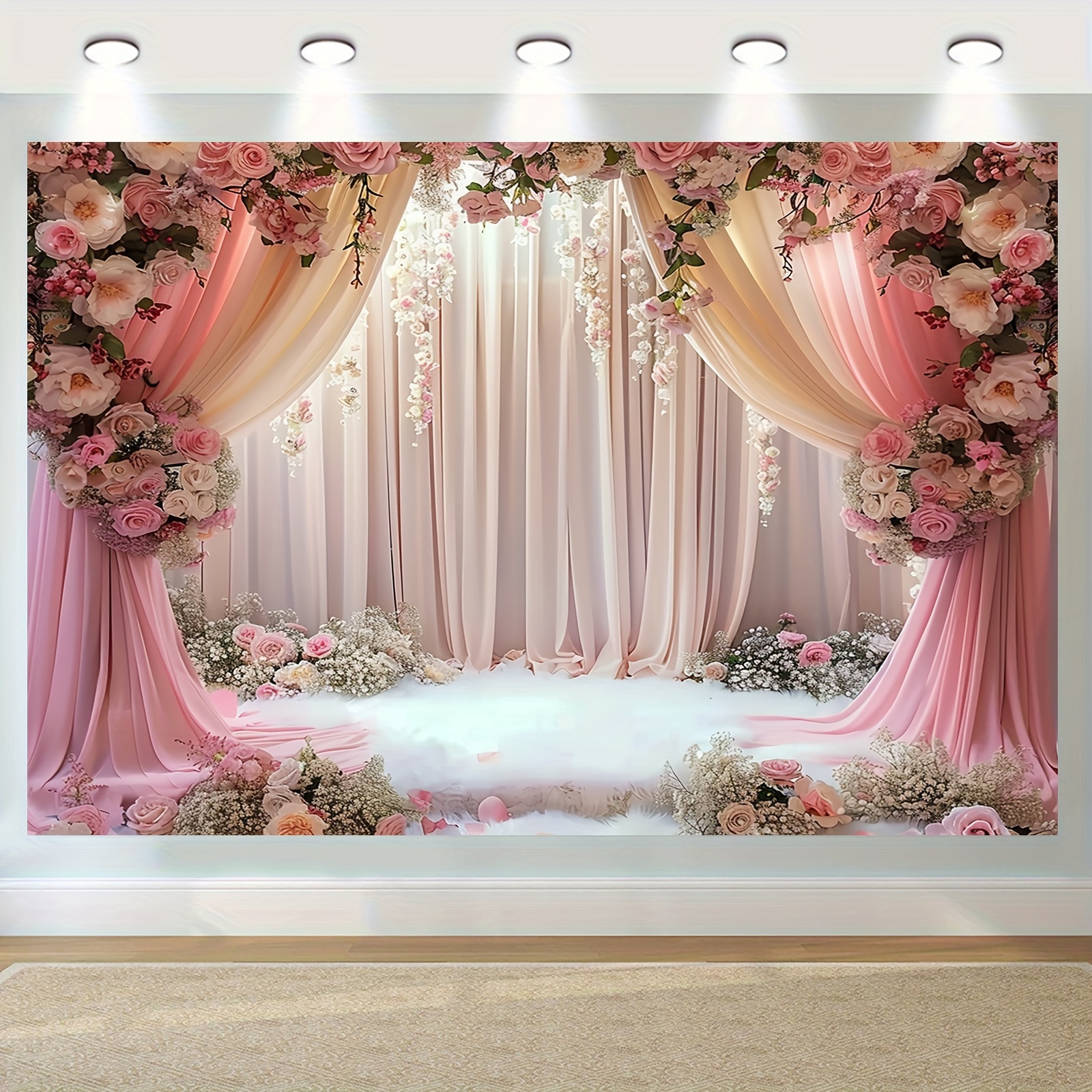 Romantic pink floral polyester background curtains, photo booths decorate bridal showers, engagements and weddings
