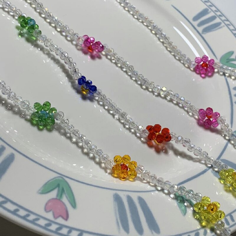 AOMU Neue Süße Bunte Blumen Klar Kristall Halskette Maske Kette Gläser Halfter Gurt Schlüsselband für Frauen freundlicher Zubehör