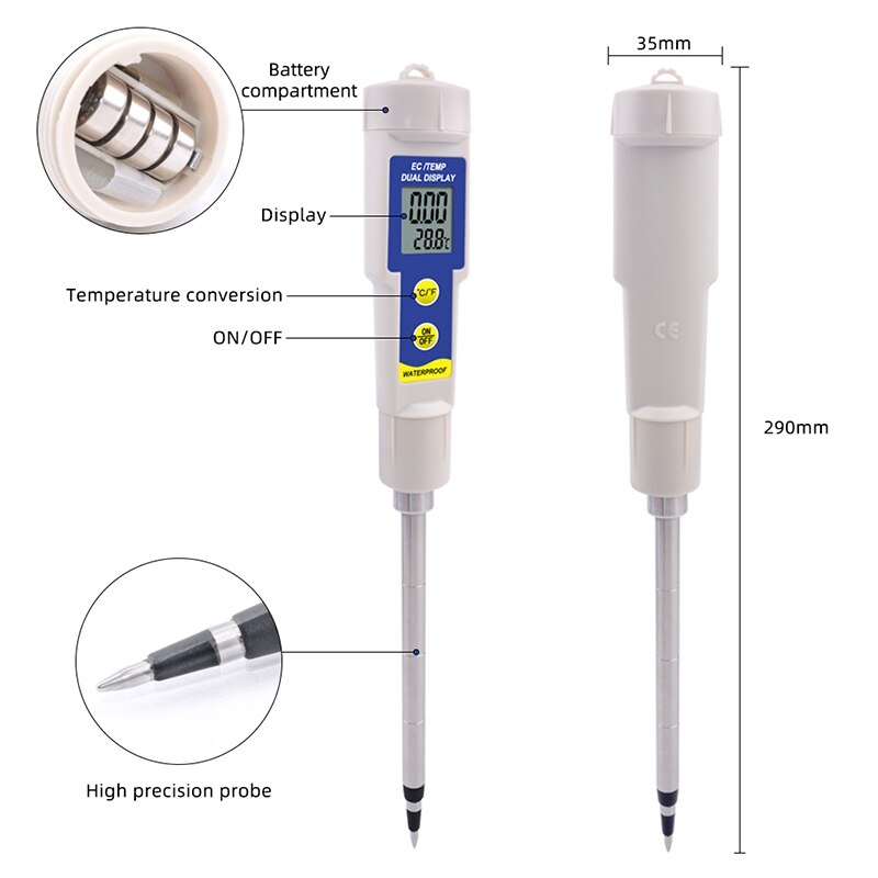 EC-315 Multi-Purpose Soil EC Tester Waterproof Soil Meter 0.00-4.00Ms/cm for Lab Aquarium Soil