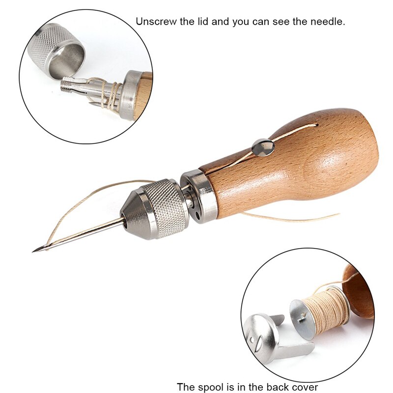 Imzay 1PCS Lock Stitch Sewing Awl Thread Kit DIY Wood Handle Sewing Awl Stitcher Crochet Line