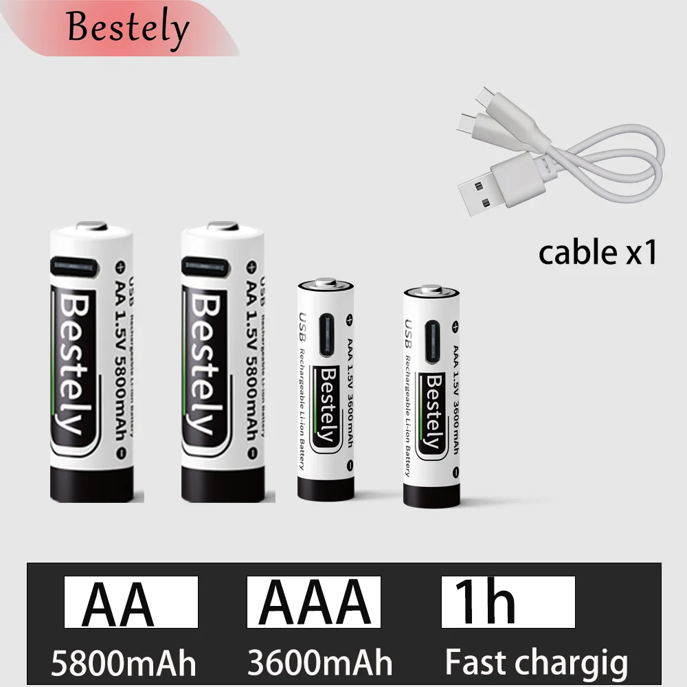 1.5V AA 5800mAh+AAA 3600mAh Lithium rechargeable Battery,USB Fast Charging Li-ion Battery , 2000 Cycles with USB- C Cable: green