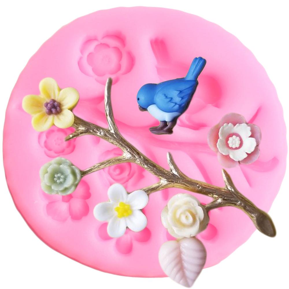 Træ grene blomst fugl silikone forme cupcake topper fondant form gør det selv kage dekorationsværktøj harpiks ler slik chokolade form