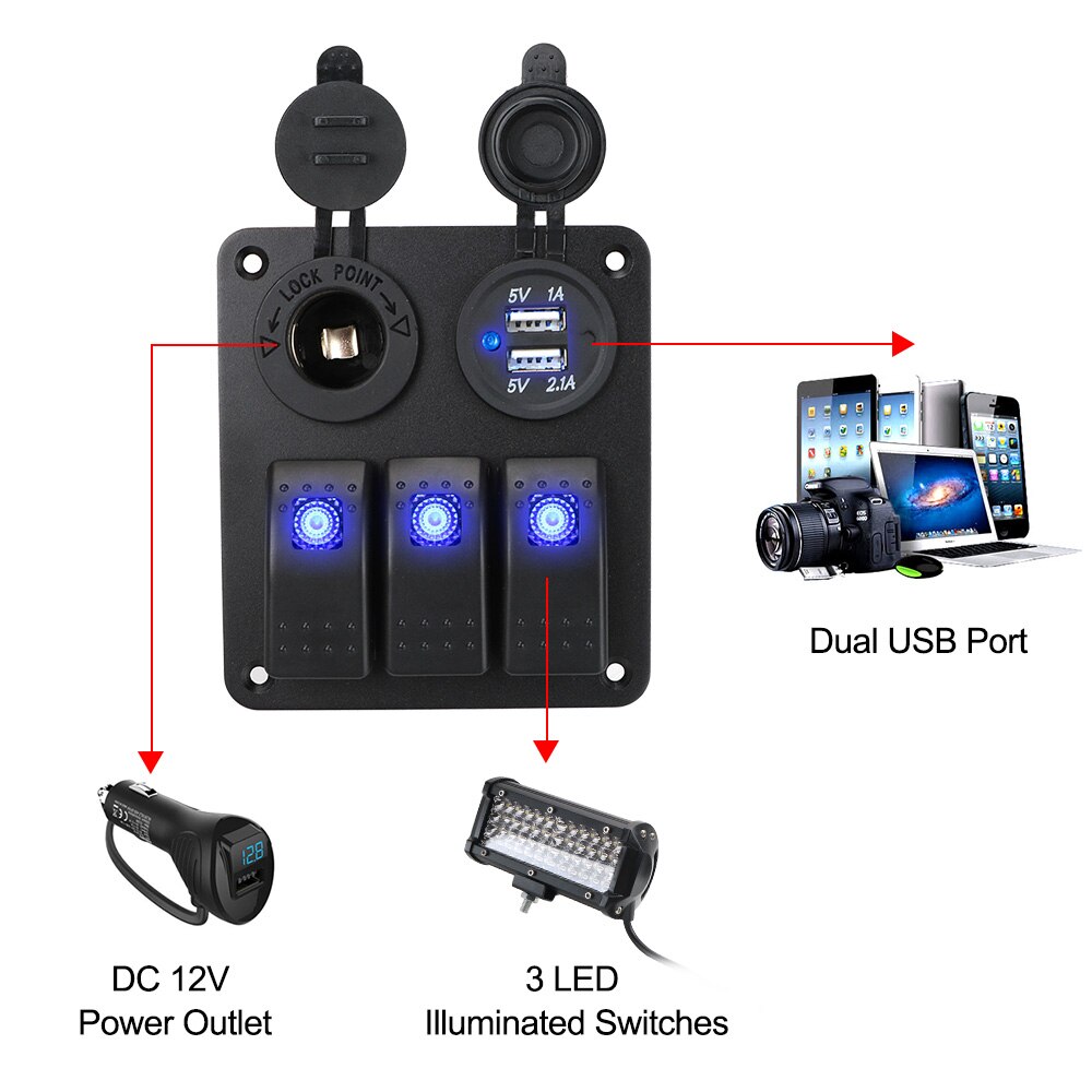 Bryterpanel bil marine vippebryter 12 ~ 24v kretsstyring vanntett digitalt voltmeter dobbel usb -portuttakskombinasjon