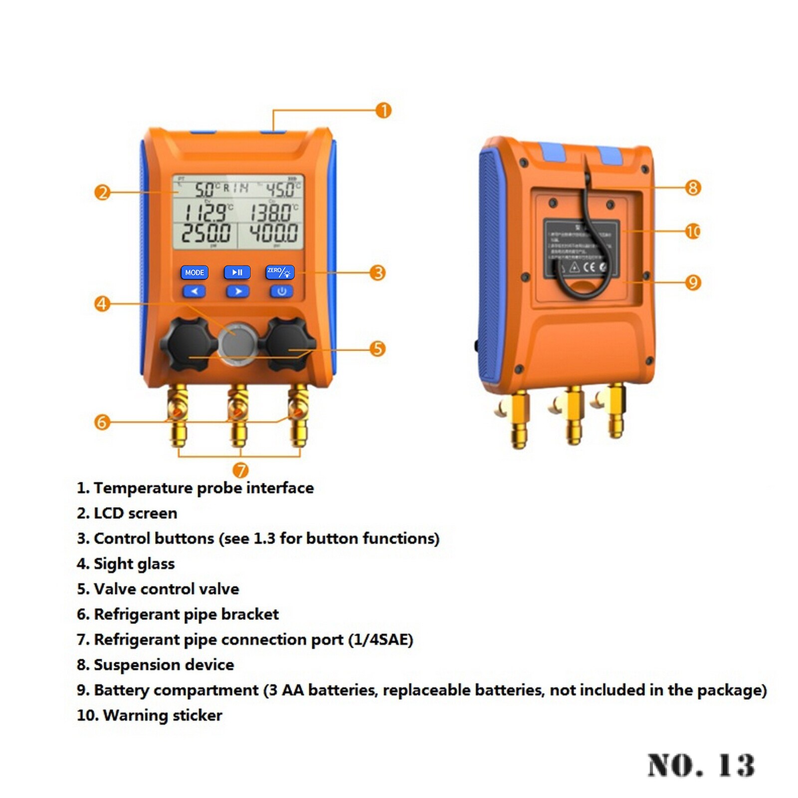 Digital HVAC Manifold Gauge 2-Way Valve with Temperature Clamps Support 88 Kinds of Refrigerant Saturation Temperature Query