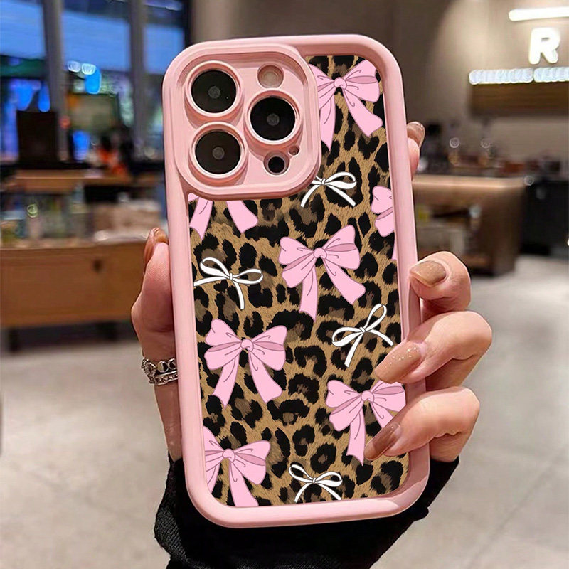 Para iPhone 15 funda con lazo rosa y estampado de leopardo para iPhone 11 12 13 14 16 Pro Max XS X XR 7 8 Plus SE 2022: Para iPhone 15