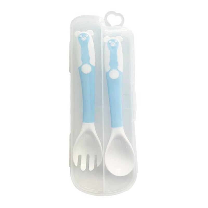 bébé cuillère fourchette ensemble alimentaire flexion alimentation coude formation torsion vaisselle pliable MD88: blue spork box