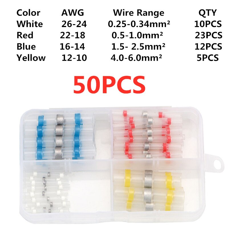 Solder Seal Wire Connectors Heat Shrink Solder Waterproof Butt Terminals Kit Automotive Marine Insulated Truck Solder Connector: 50pcs with box