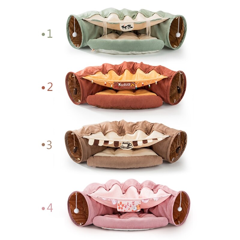 Lit Tunnel pliable avec tapis, 2 voies, avec boule à gratter, jouets interactifs, maison pour chat, chiot, chaton