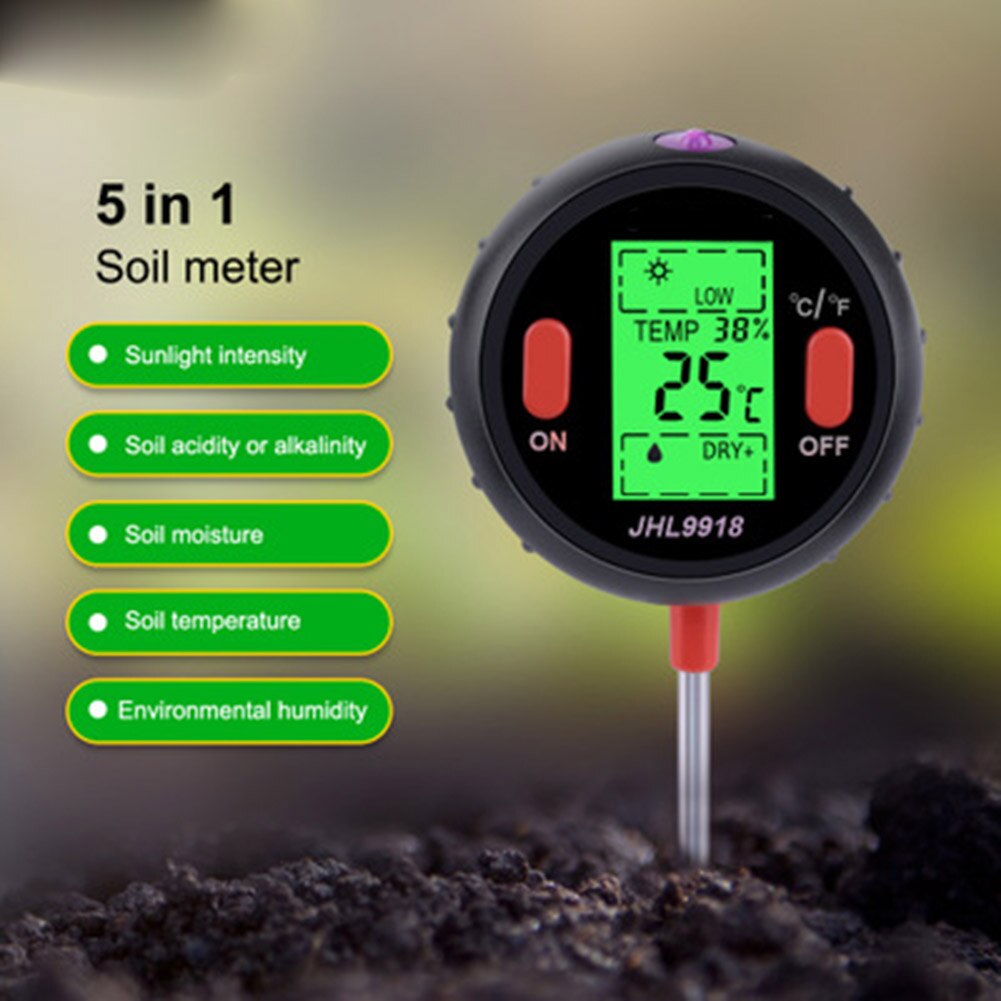 5 in 1 Soil Test Meter Digital Soil Moisture PH Temperature Light Tester LCD for Garden Lawn L5
