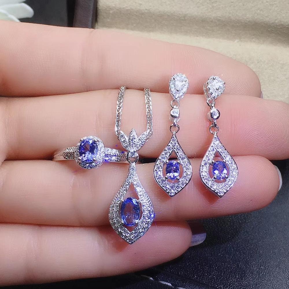 KJJEAXCMY fine jewelry 925 Sterling Silver Natural Tanzanite Girl Ring Pendant Earring Necklace 3 Piece Set Water Suppo