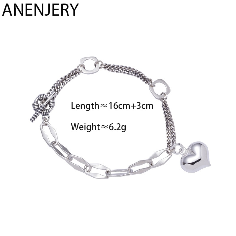 Pulsera de corazón de amor geométrica hecha a mano anenjary para mujer, pulsera asimétrica con cadena, brazalete con S-B421 de joyería S925