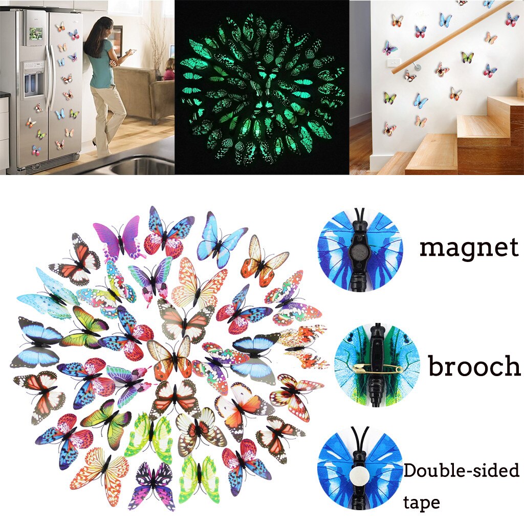 Multifunktions 100 stücke 3D Leuchtenden Schmetterling Aufkleber Aufkleber Kunst Glow In Dark Decor