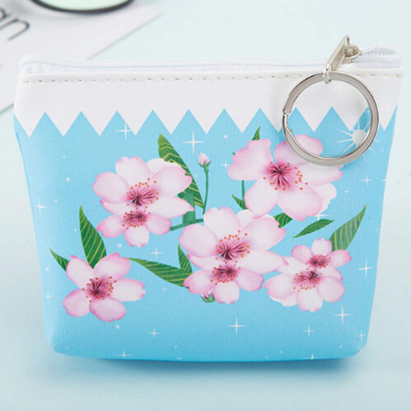 Pu dragkedja blomtryck myntplånbok byt plånbok barn flicka pojke kvinnor handväska dam plånböcker myntnyckelväska: Ljusblå
