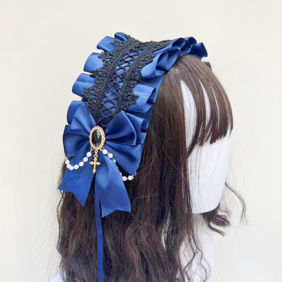 Tocado gótico de Lolita para sirvienta, accesorios para el cabello versátiles hechos a mano de encaje, diademas bonitas para Cosplay, horquilla dulce: Azul