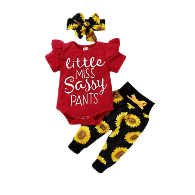 Baby zomer 3 -delige set babymeisjes jongens letter bloemen ruches korte mouwen romper top + broek + hoofdband