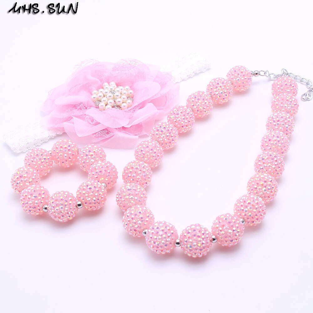 MSH.SUN Pink Color Princess Kids Necklace Bracelet Headbands Set Bubblegum Beads Chunky Necklace Jewelry Set For Child Girl: 1SET 3PCS SET