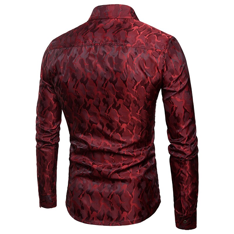 Silke satin skjorte herre mærke glat smoking skjorte skinnende camouflage print brudekjole skjorter afslappet slim fit lilla skjorte