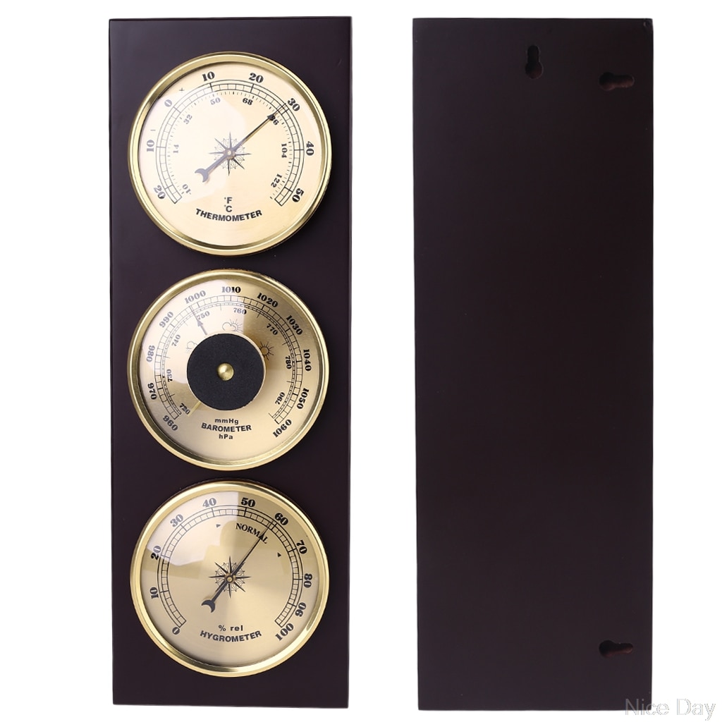 3Pcs/Set Barometer Hygrometer Thermometer Weather Station with Wooden Frame Base Ornaments 31cm x 11cm Ju19 20