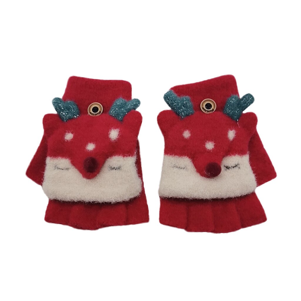 Christmas Kids Half Finger Antler Gloves Baby Boy Girl Warm Convertible Flip Top Gloves Cute warm baby gloves Guantes de: Red A