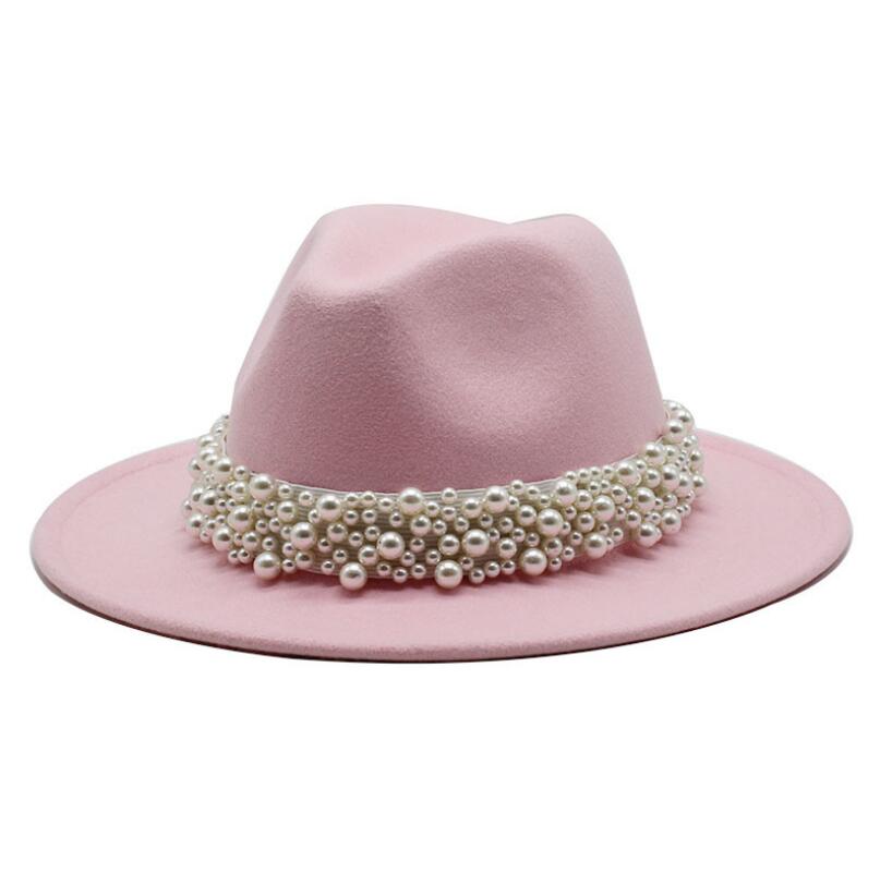 femmes hommes feutre Fedora chapeaux décontracté hommes femmes Imitation perle ruban bord Trilby formel casquette de fête: WYH-4907-15