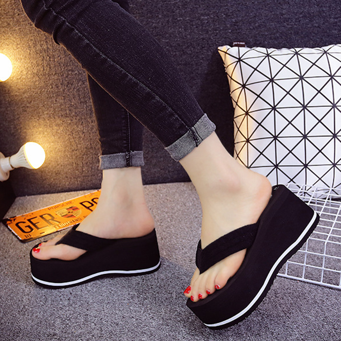 Womens EVA Casual Slip On Sandals Wedge Cute Summer Shoes Platform Heels Thong Flip Flops Solid Color: Black / 4