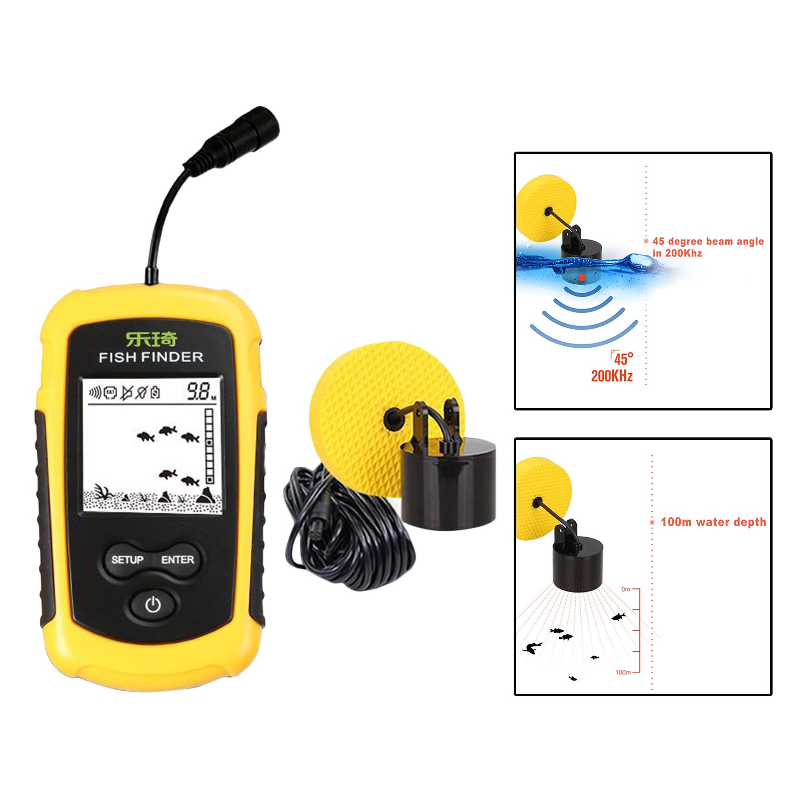 Portable Fishing Fish Finder Sonar Sensor 100 Meter Sounder Alarm Transducer