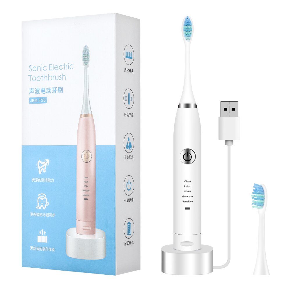 Portable Electric Sonic Vibration Toothbrush USB Rechargerable Waterproof Toothbrush With 5 Adjustable Modes Oral Care Tool: Ivory